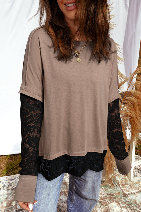 Sheer Lace Patchwork Faux Layered Long Sleeve Top